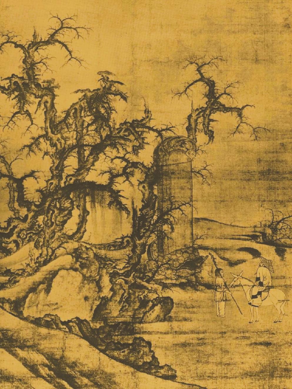 《黑神話：悟空》中的室外場景，隨處可見中國古代山水畫的影子。左圖為游戲畫面，右圖為北宋李成《讀碑窠石圖》。