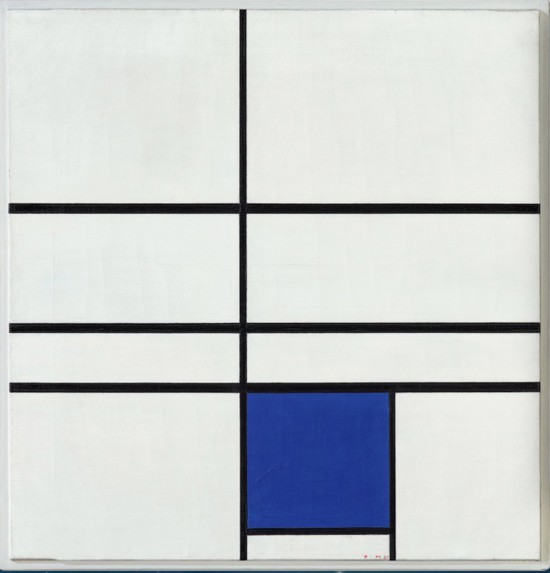 蒙德里安，《雙線藍(lán)構(gòu)圖》，1936年，布面油畫(huà)，貝耶勒基金會(huì)藏（貝耶勒基金會(huì)展品）